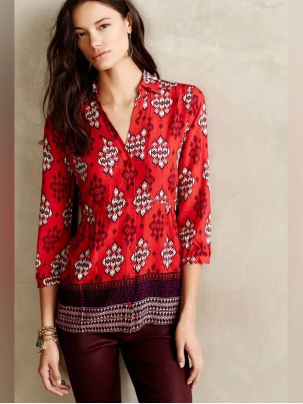 Anthropologie Maeve Woodland Walk Button Down Blouse Ikat Print Red Size 10